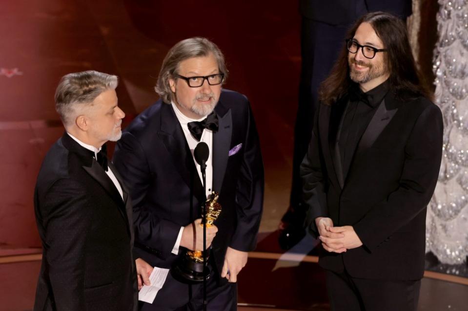 Brad Booker, Dave Mullins and Sean Lennon accepted the Best Animated Short Film award for “War Is Over! Inspired by the Music of John and Yoko.” Getty Images