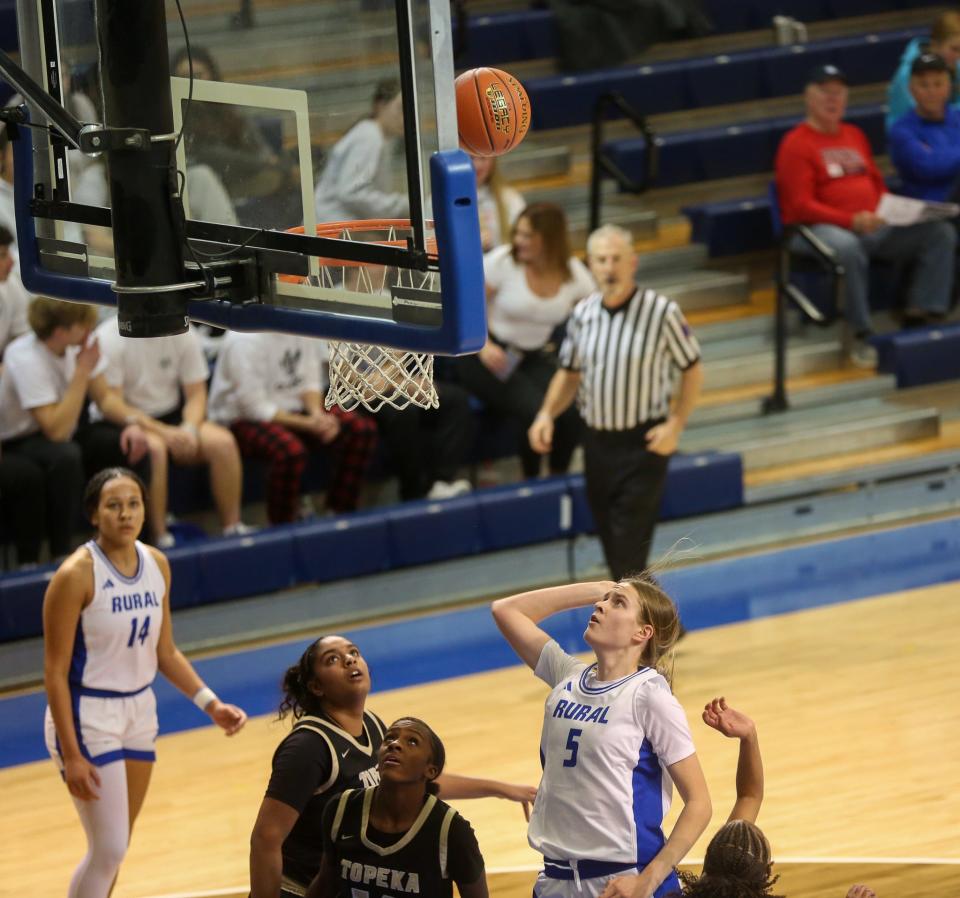 Washburn Rural's Maddie Vickery shoots a floater against Topeka High on Wednesday, Jan. 10. Washburn Rural defeated Topeka High 56-26.