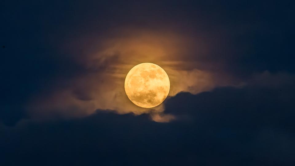 a pale yellow moon shining behind a thin layer of cloud.  The whole scene looks like a delicate painting.