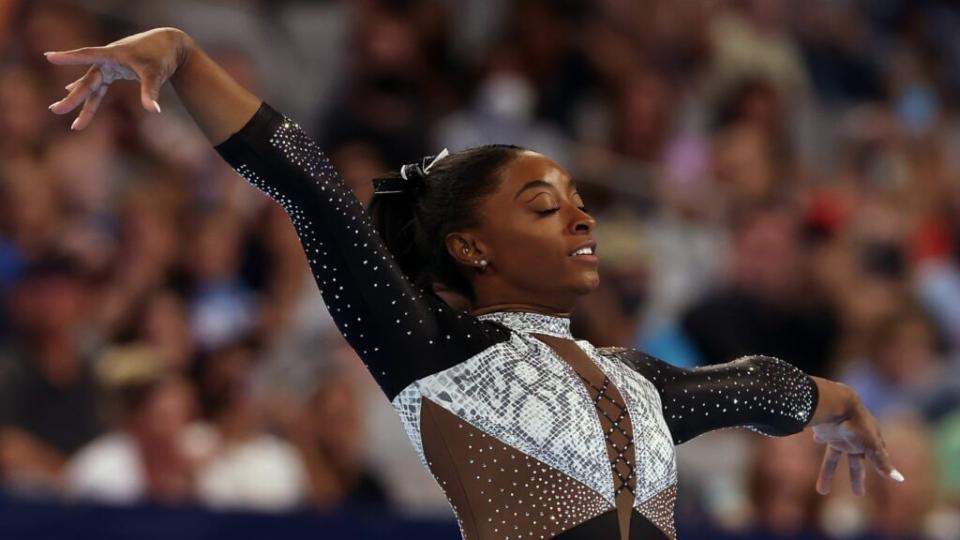 Simone Biles competes in the floor exercise during the Senior Women’s competition of the U.S. Gymnastics Championships at Dickies Arena earlier this month in Fort Worth, Texas. (Photo by Jamie Squire/Getty Images)