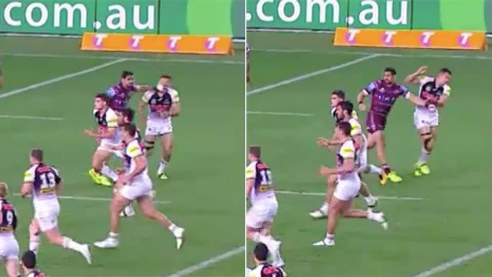 Close-up footage of Wright's hit and Watene-Zelezniak's reaction. Pic: Fox Sports