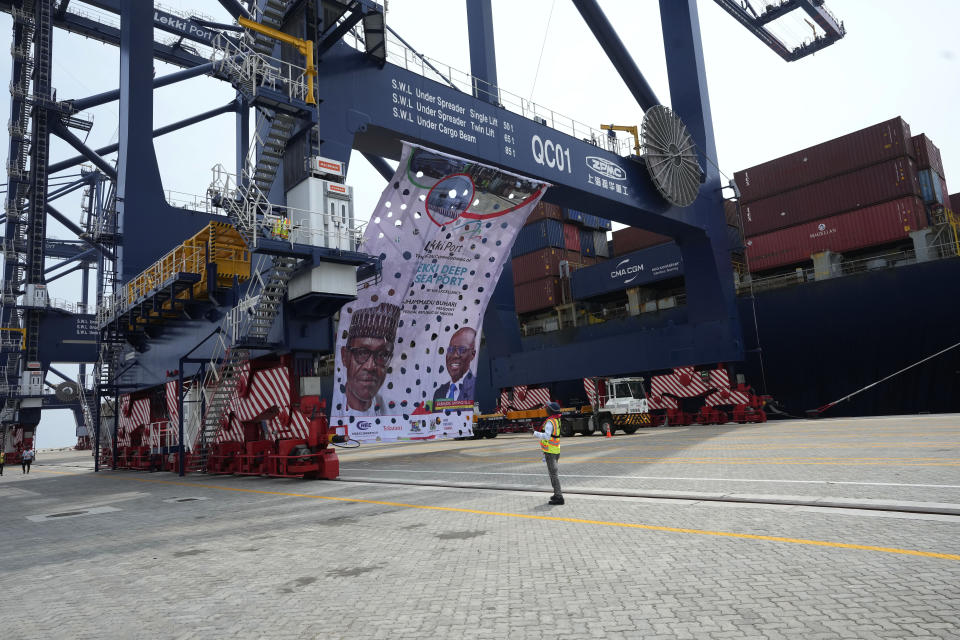 A Shipping container is seen at the Lekki deep seaport before it was commission by Nigeria's President Muhammadu Buhari in Lagos, Nigeria, Monday, Jan. 23, 2023. Nigeria's President Muhammadu Buhari on Monday commissioned a Chinese-built and -funded $1.5 billion deep seaport in the commercial hub of Lagos with authorities optimistic the project would help grow the West African nation's ailing economy. (AP Photo/Sunday Alamba)