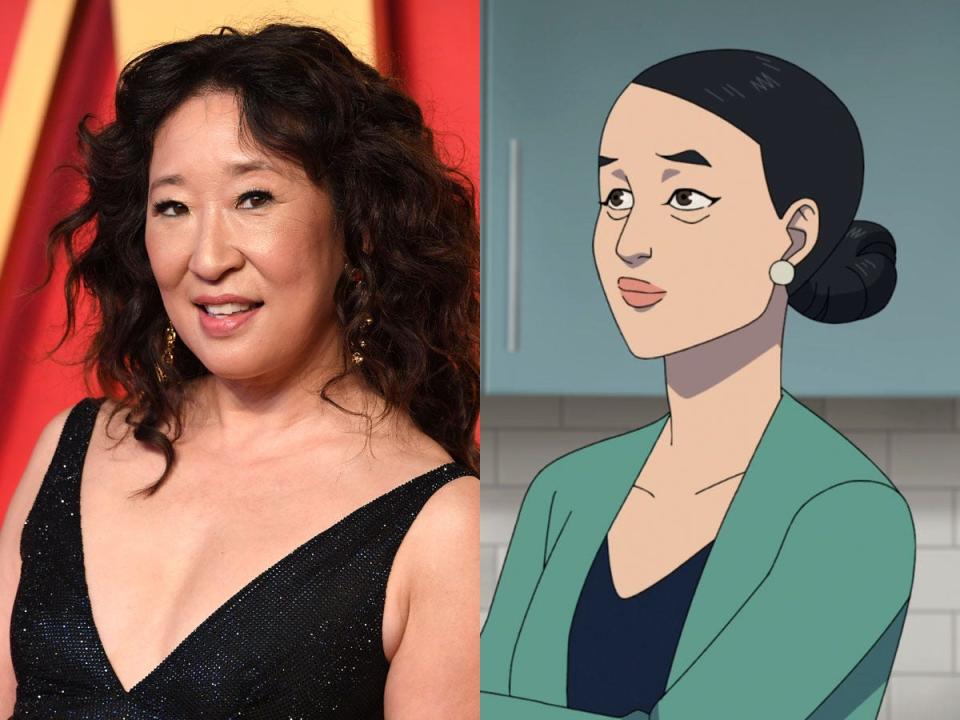 Sandra Oh, left, in March 2024. Debbie Grayson, right, on season two of "Invincible."