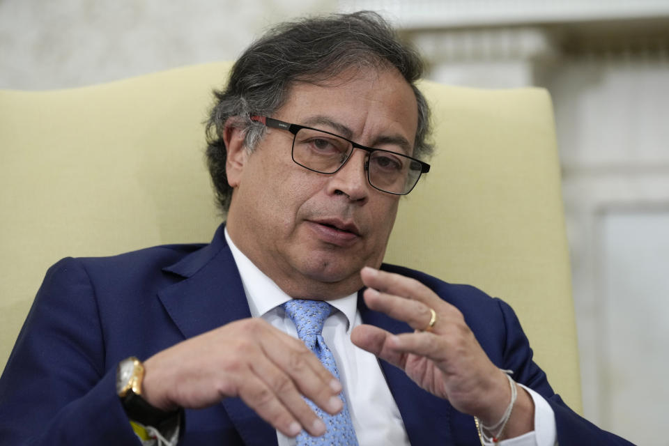 Colombian President Gustavo Petrospeaks during a meeting with President Joe Biden in the Oval Office of the White House in Washington, Thursday, April 20, 2023. (AP Photo/Susan Walsh)