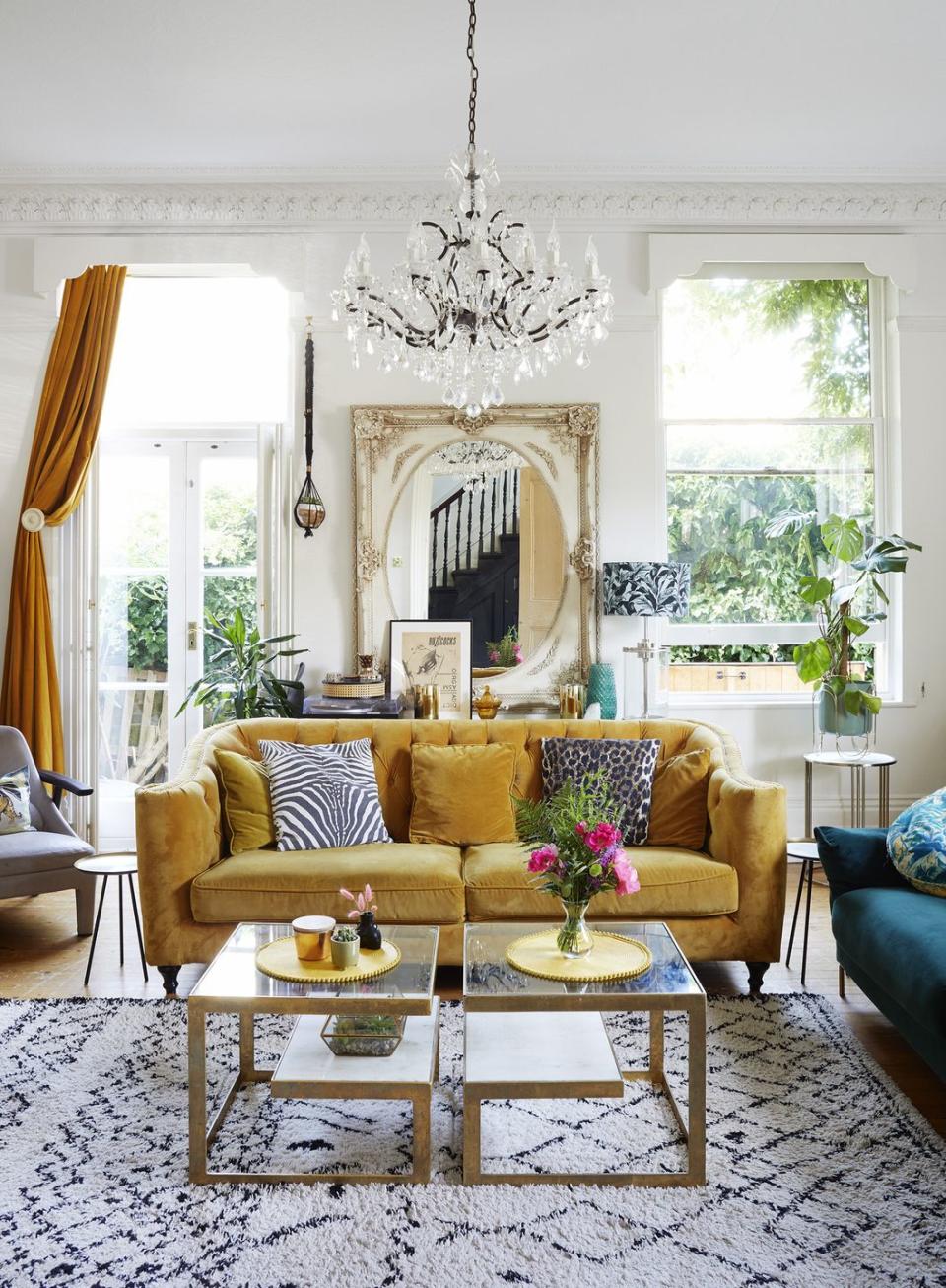 sitting room with yellow velvet sofa eclectic scheme, living room