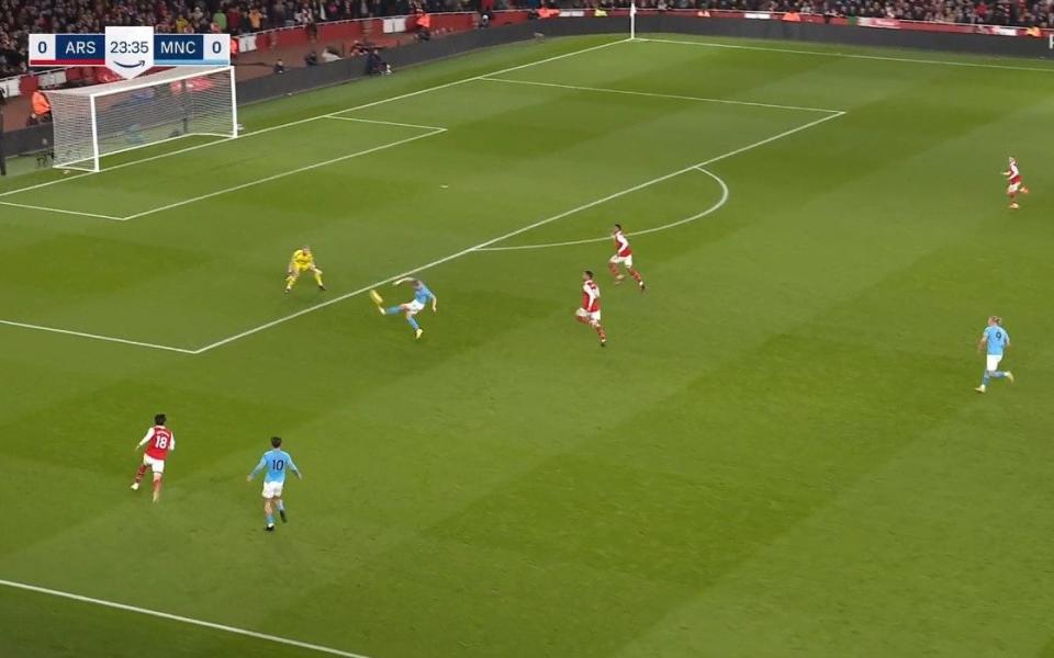 Kevin De Bruyne scoring away at Arsenal last season