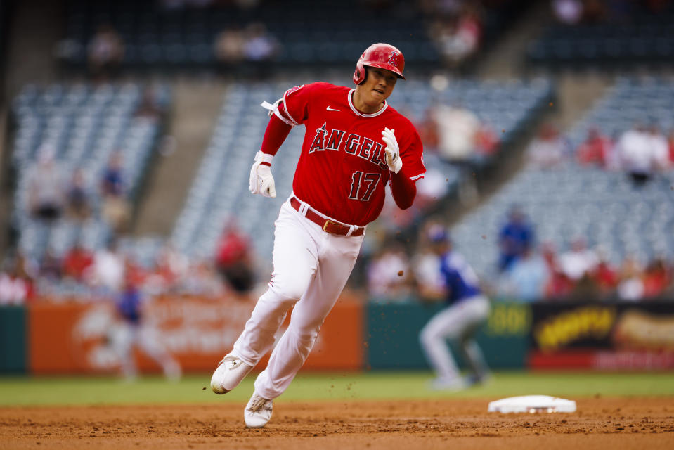 ANAHEIM, CA - JULY 31: Los Angeles Angels starting pitcher Shohei Ohtani (17) runs during the MLB regular season game against the Texas Rangers on July 31, 2022 at Angel Stadium in Anaheim, Calif. (Photo by Ric Tapia/Icon Sportswire via Getty Images)