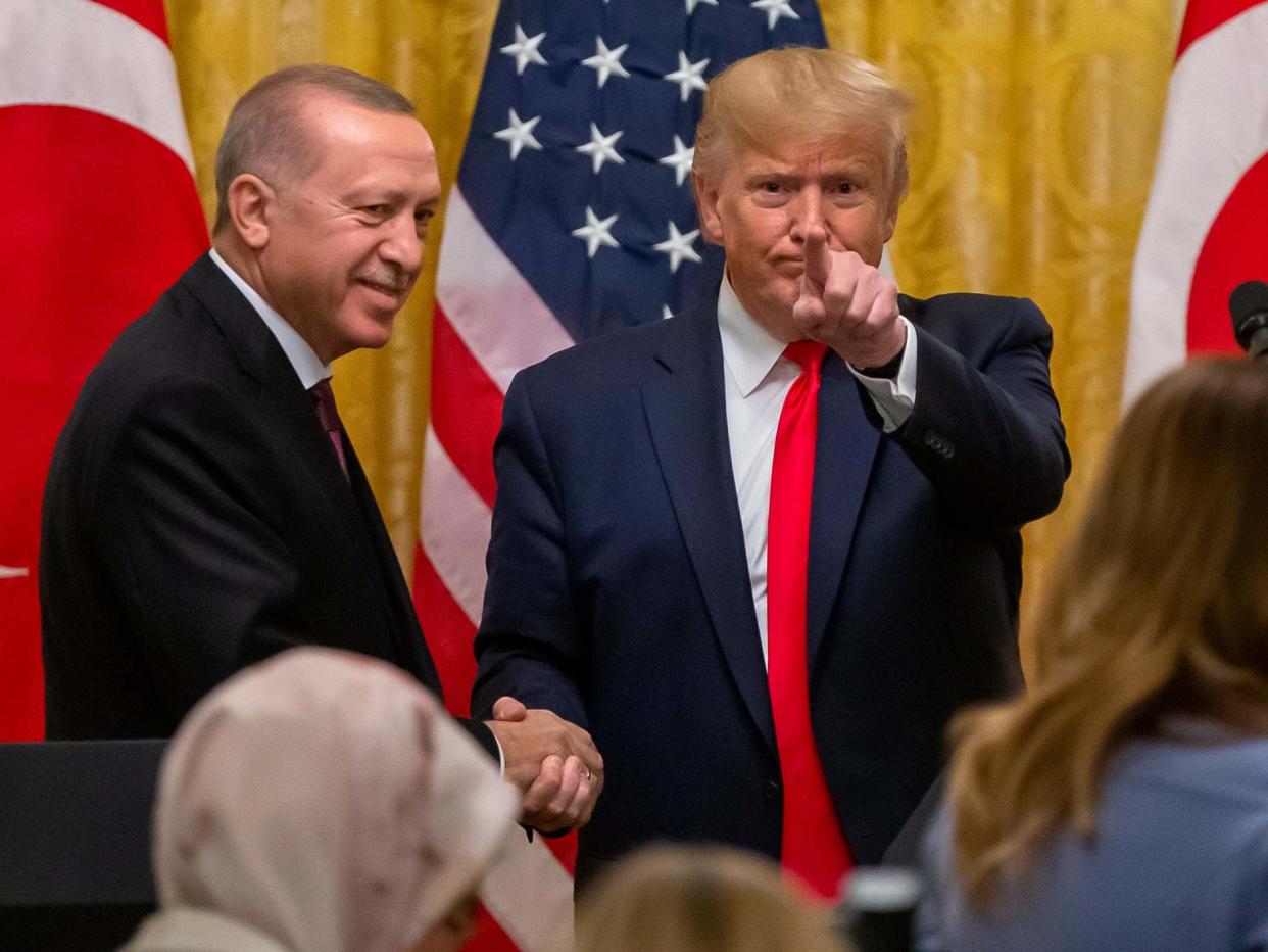 Donald Trump and Turkish president Recep Tayyip Erdogan at a joint press conference in the East Room of the White House in Washington, DC, on 13 November 2019: Erik S Lesser/EPA