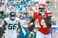 Wide receiver Sammy Watkins #14 of the Kansas City Chiefs runs a pass reception in for a touchdown in the first quarter of the game against the Jacksonville Jaguars at TIAA Bank Field on September 08, 2019 in Jacksonville, Florida. (Photo by Sam Greenwood/Getty Images)