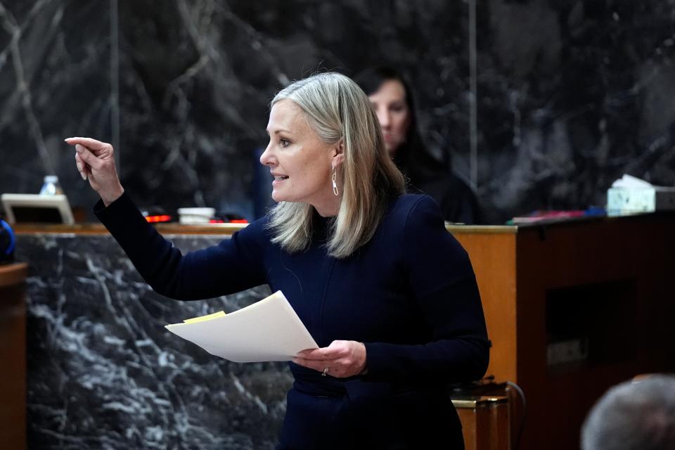 Oakland County Prosecutor Karen McDonald gives her rebuttal statement during Jennifer Crumbley's trial on 2 February (AP Photo/Carlos Osorio, Pool)