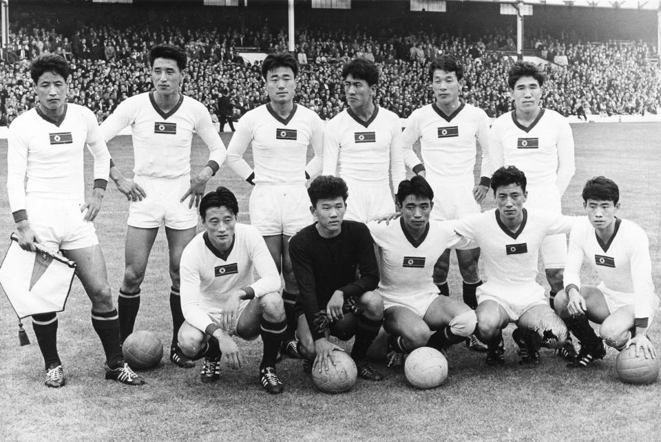 FILE - The North Korean soccer team line-up before their match against Portugal, at Goodison Park, Liverpool, England, on July 23, 1966. Portugal defeated North Korea 5-3. (AP Photo, File)