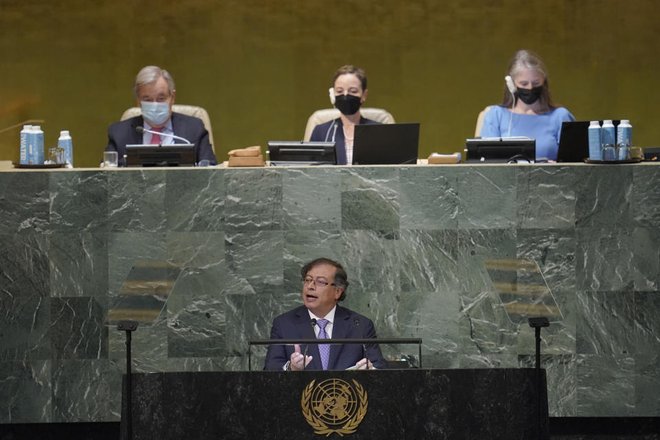 El presidente de Colombia, Gustavo Petro, habla ante la Asamblea General de Naciones Unidas el martes 20 de septiembre del 2022 en Nueva York. (AP Photo/Mary Altaffer)