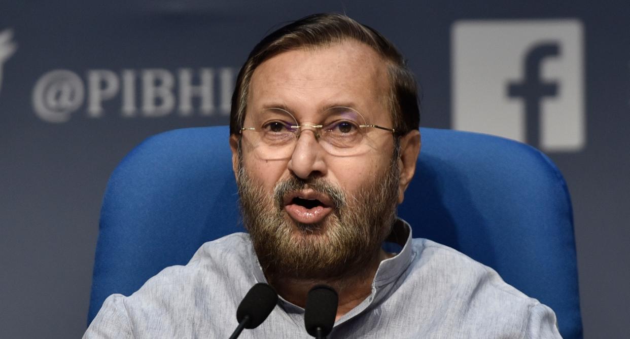 Union Minister Prakash Javadekar briefing the press on Cabinet decisions at National Media Centre on October 14, 2020 in New Delhi. Photo: Sanjeev Verma/Hindustan Times via Getty Images