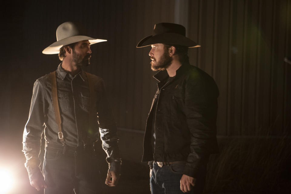 Rip Wheeler (R-Cole Hauser) questions Walker's (L-Ryan Bingham) loyalty to the Dutton Ranch and his fellow cowboys. Season 2 of Yellowstone premieres on Paramount Network starting Wednesday, June 19 at 10 p.m., ET/PT.