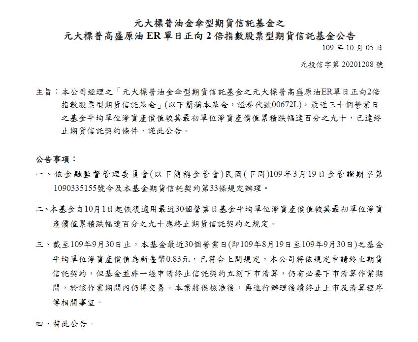 元大投信公告，元大原油正2已依法申報下市。（圖／翻攝自元大投信官網）