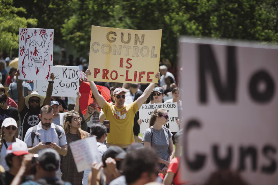 HOUSTON, TX - MAY 27: Gun control advocates gather to hear Texas Democratic gubernatorial candidate Beto O'Rourke speak at Discovery Green across from the National Rifle Association Annual Meeting at the George R. Brown Convention Center, on May 27, 2022 in Houston, Texas. The NRA kicked off its annual convention in Houston on Friday, days after 19 students and two teachers died in a shooting in Uvalde, Texas. (Photo by Eric Thayer/Getty Images)