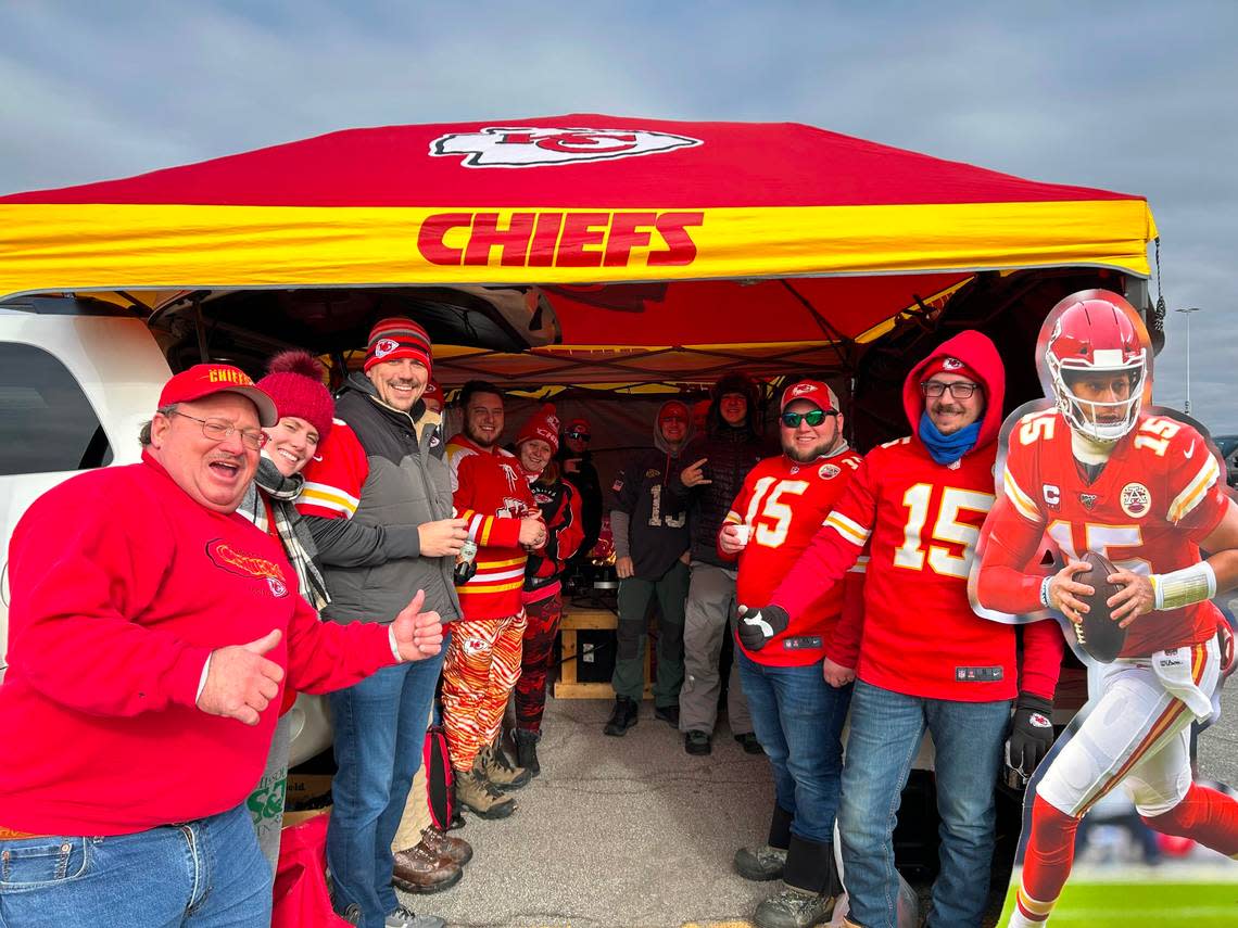 John Carboneau of Lee’s Summit, second from right (not counting the cardboard cutout of Patrick Mahomes), is pictured celebrating his 33rd birthday with friends. “It’s gonna be a good day,” he said.