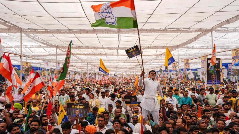 Supporters of India's opposition coalition shout slogans during a rally in New Delhi on March 31. India is the world’s largest democracy, with more than 945 million eligible voters. Picture: Amarjeet Kumar Singh / AFP