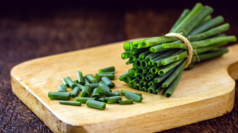 Chives on a cutting board