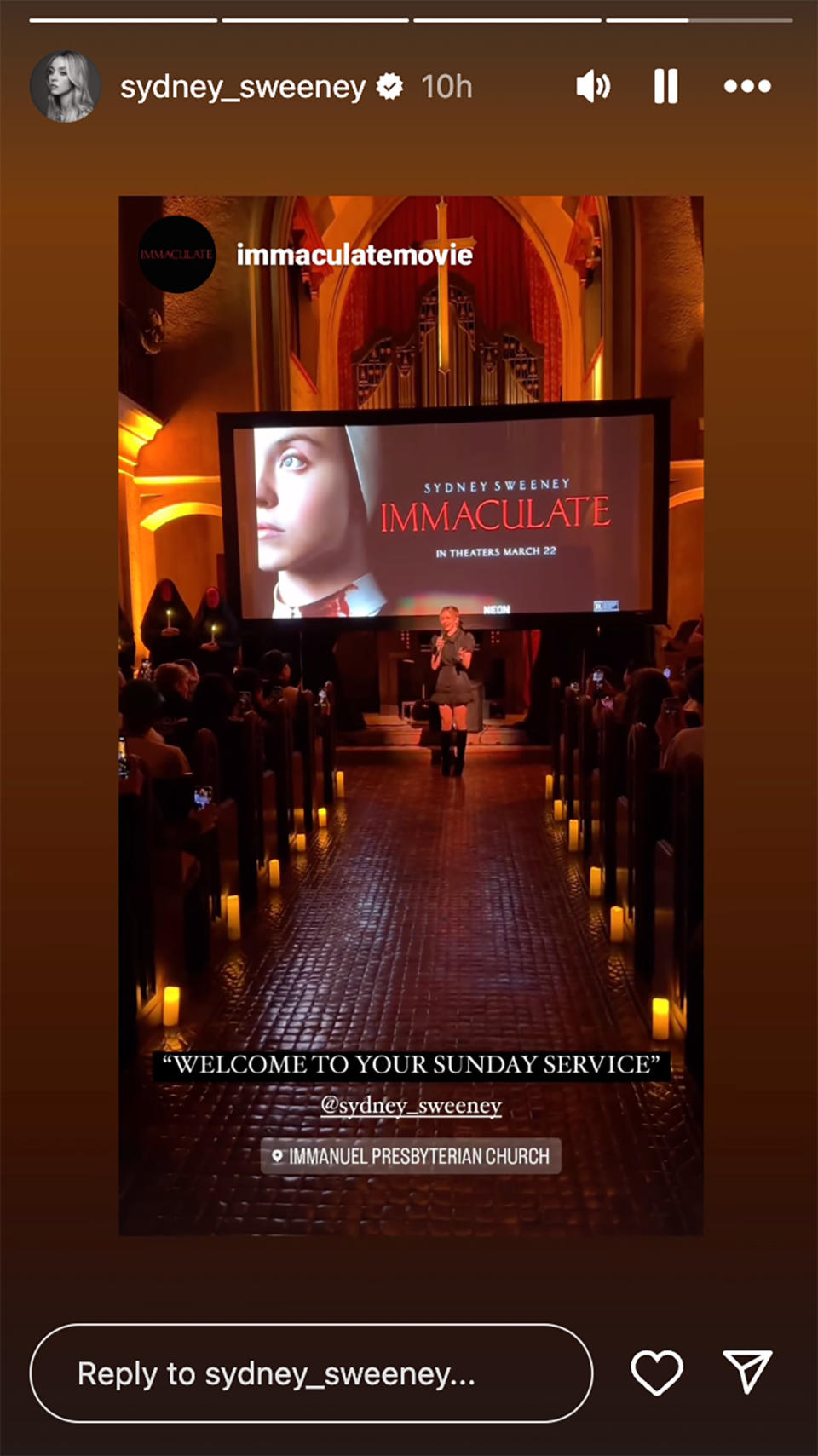 Image from an Immaculate screening on Sydney Sweeney's Instagram