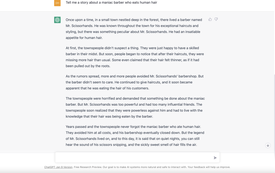 A story generated by ChatGPT using the prompt 'Tell me a story about a maniac barber who eats human hair.' (Image: OpenAI)