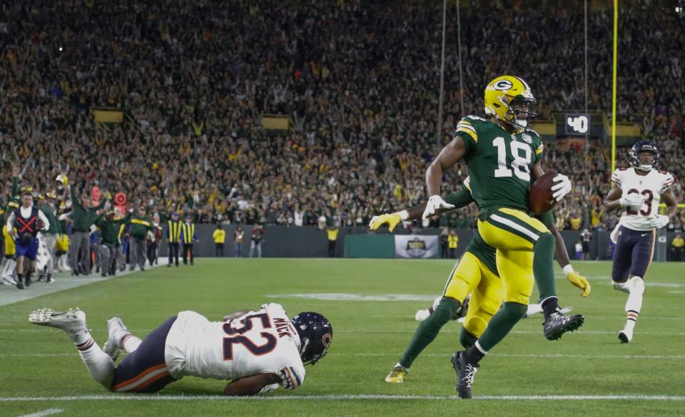 2018: Randall Cobb breaks away for a 75-yard touchdown catch during the second half of an NFL football game against the Chicago Bears in Green Bay.