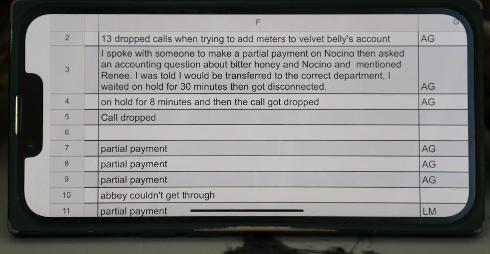 Chelsea Felton, one of the owners at Nocino at Eastview Mall, began keeping notes of her interactions with RG&E.  Several local restaurants are having difficulty getting the utility company to respond to their abnormally high bills. 