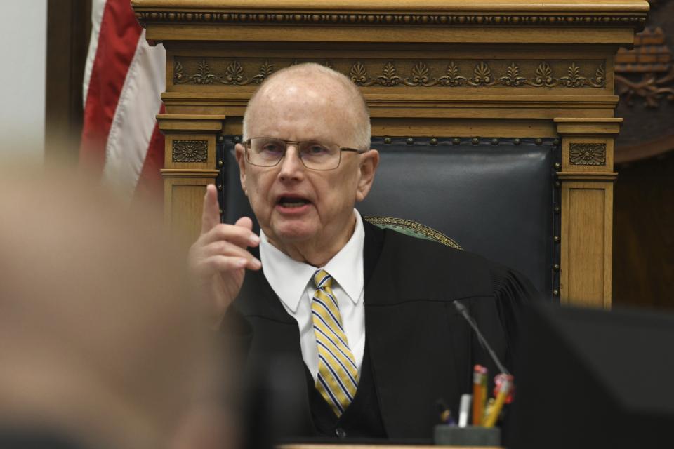 Circuit Court Judge Bruce Schroeder rebukes the prosecutor after a defense motion for a mistrial because of prosecutorial misconduct during Kyle during Rittenhouse's trial at the Kenosha County Courthouse in Kenosha, Wis., on Wednesday, Nov. 10, 2021. Rittenhouse is accused of killing two people and wounding a third during a protest over police brutality in Kenosha, last year. (Mark Hertzberg /Pool Photo via AP)