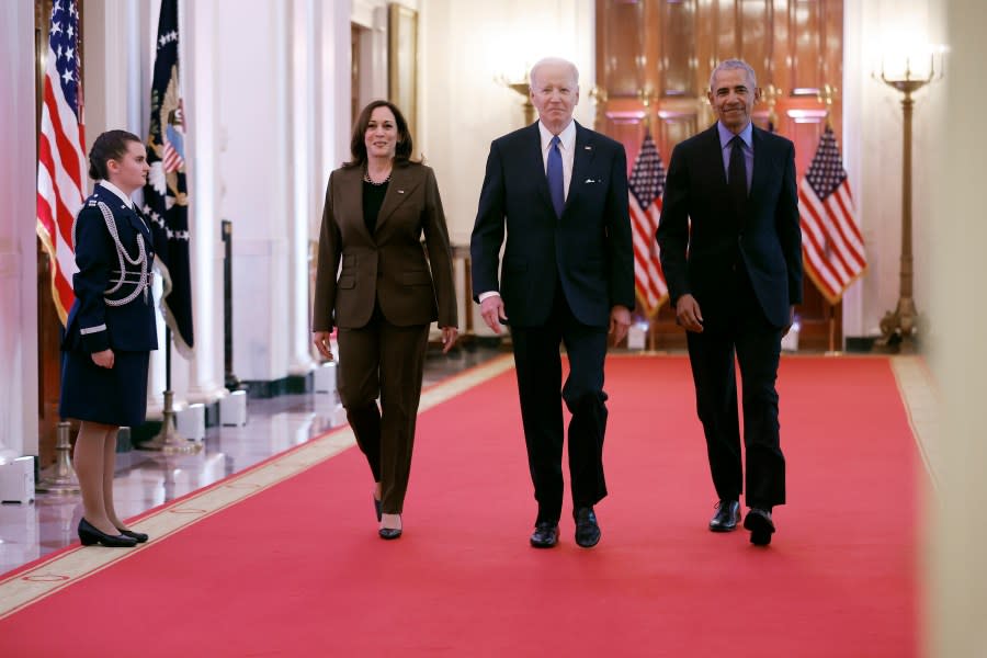 (left to right) Vice President Kamala Harris, former President Barack Obama, and U.S. President Joe Biden arrive for an event to mark the 2010 passage of the Affordable Care Act in the East Room of the White House on April 5, 2022, in Washington, D.C. With then-Vice President Joe Biden by his side, Obama signed ‘Obamacare’ into law on March 23, 2010. (Photo by Chip Somodevilla/Getty Images)