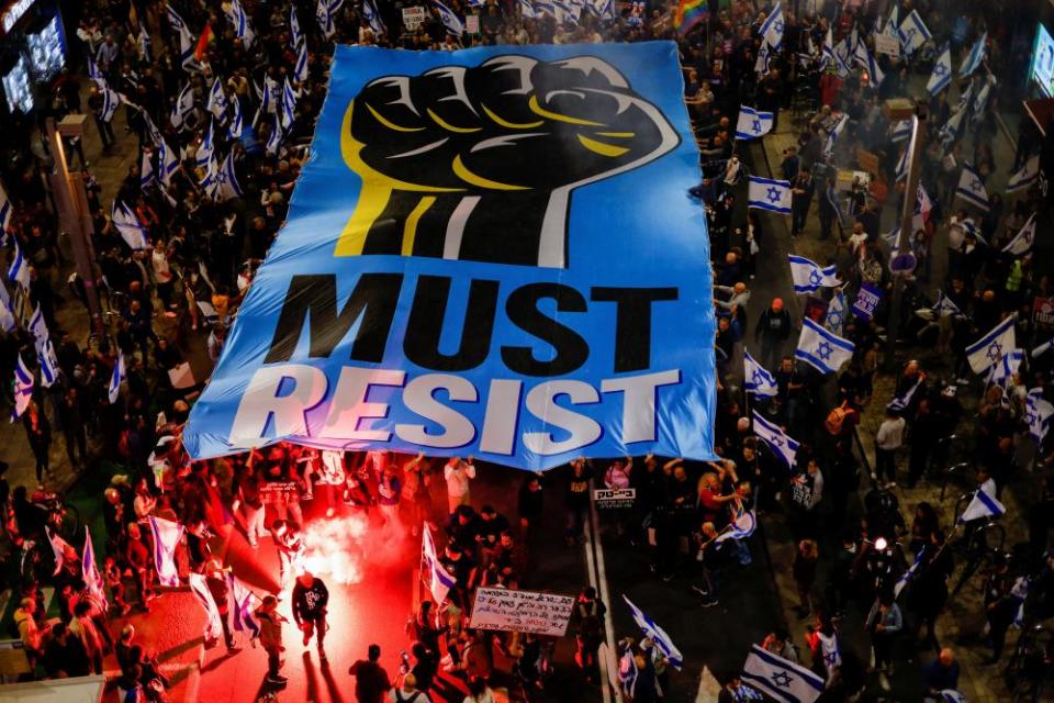 ‘We must raise our voices now – or keep our mouths shut for the rest of our lives.’ Protests last week against Israel’s judicial overhaul in Tel Aviv.