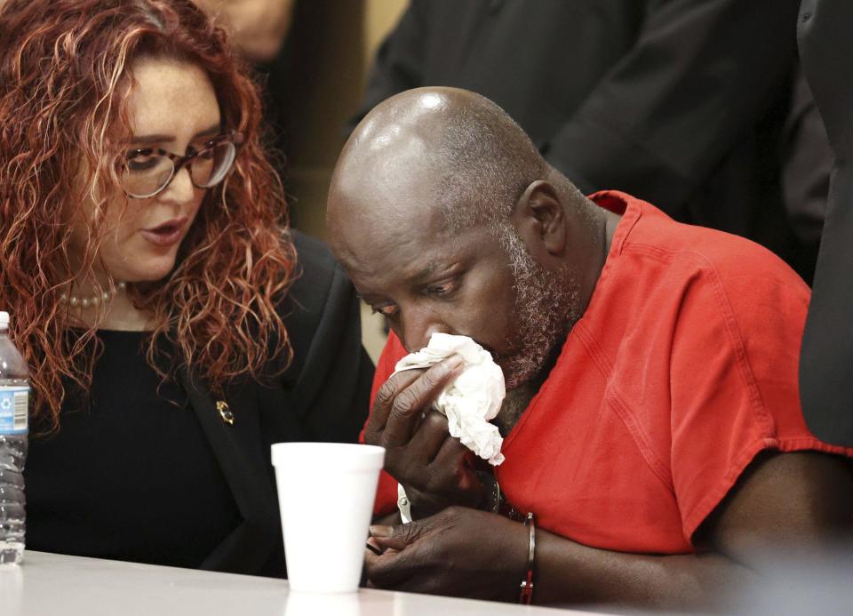 Sidney Holmes, 57, cries after he was exonerated in a Broward County courtroom on Monday, March 13, 2023. Holmes served more than 34 years of a 400-year sentence for a 1988 armed robbery. / Credit: Carline Jean/South Florida Sun-Sentinel/Tribune News Service via Getty Images