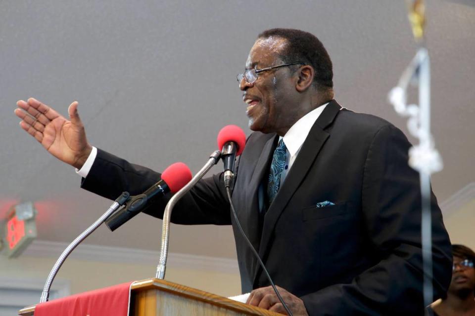 The Rev. Henry Ficklin preaches Sunday morning at New Howard Chapel Missionary Baptist Church, which celebrated its 150th anniversary last weekend.