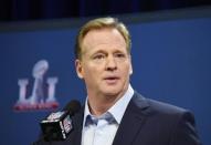 Feb 1, 2017; Houston, TX, USA; NFL commissioner Roger Goodell during a press conference in preparation for Super Bowl LI at George R. Brown Convention Center. Mandatory Credit: Kirby Lee-USA TODAY Sports -