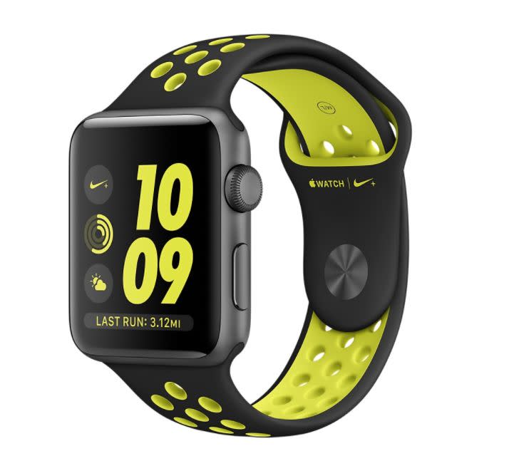 42mm Space&nbsp;Gray&nbsp;Nike+ Apple Watch, $399, <a href="http://www.apple.com/shop/buy-watch/apple-watch/space-gray-aluminum-black-volt-sport-band?preSelect=false&amp;product=MP082LL/A&amp;step=detail" target="_blank">Apple</a>