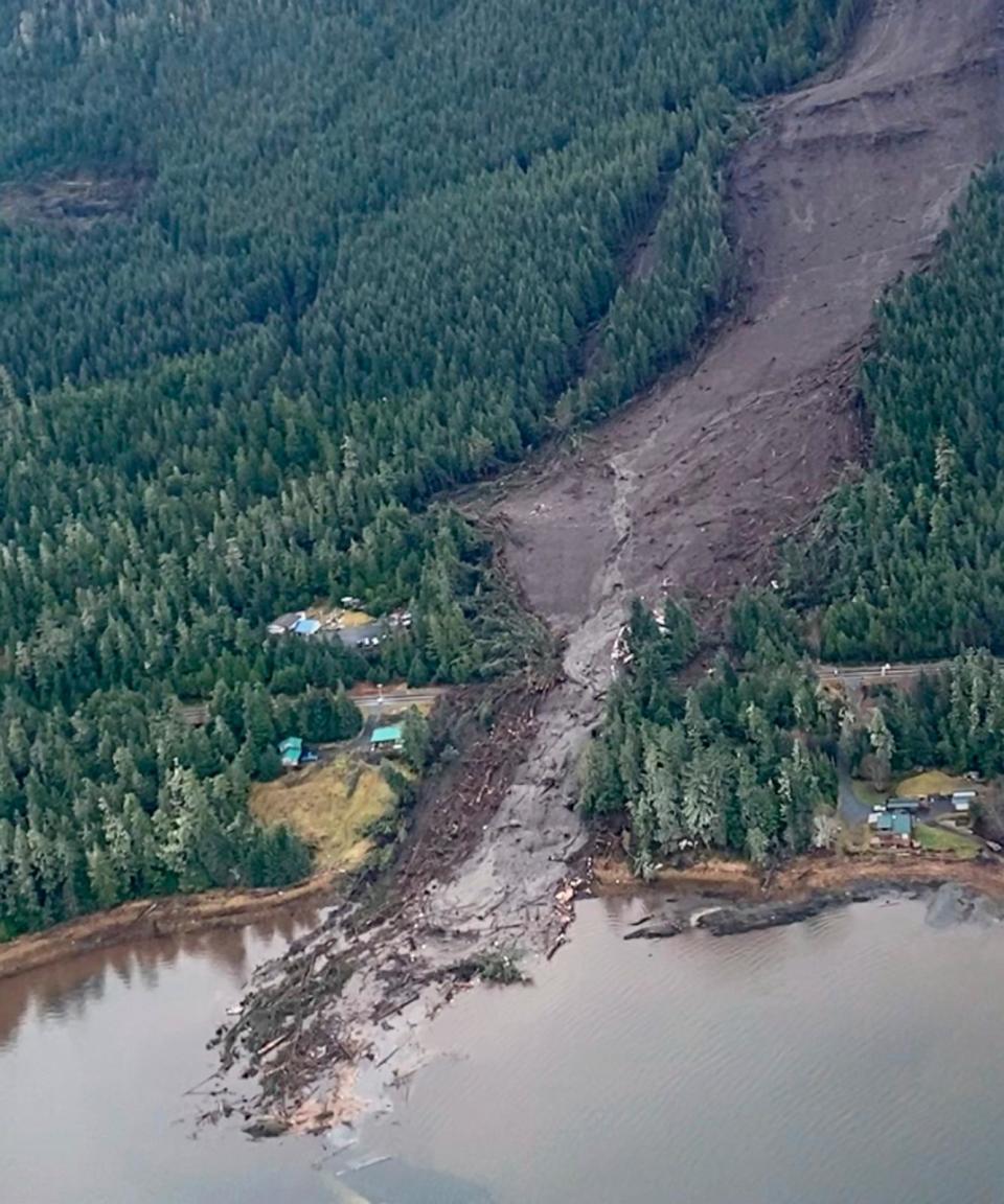 PHOTO: This image from video provided by Sunrise Aviation shows the landslide that occurred the previous evening near Wrangell, Alaska, on Nov. 21, 2023.  (Sunrise Aviation/AP)