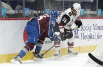 Colorado Avalanche left wing Andre Burakovsky, left, fights for control of the puck with Arizona Coyotes defenseman Jason Demers in the first period of an NHL hockey game Monday, March 8, 2021, in downtown Denver. (AP Photo/David Zalubowski)