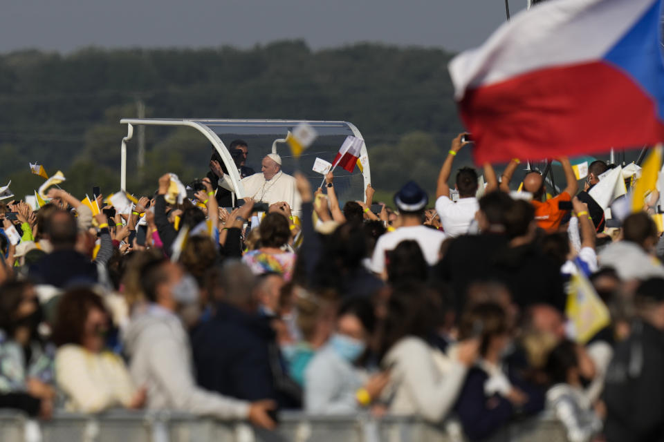 Pope Francis arrives in the esplanade of the National Shrine in Sastin, Slovakia, Wednesday, Sept. 15, 2021. Pope Francis is to hold an open air mass in Sastin, the site of an annual pilgrimage each September 15 to venerate Slovakia's patron, Our Lady of Sorrows. (AP Photo/Petr David Josek)