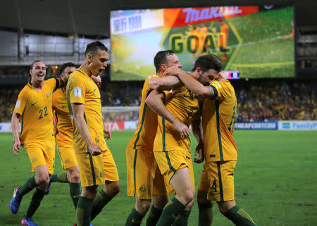 Australia vs United Arab Emirates - 2018 World Cup Qualifying Asian Zone - Group B - Sydney Football Stadium, Sydney, Australia - 28/3/17 - Australia's Mathew Leckie celebrates his goal with teammates against UAE. REUTERS/Steven Saphore