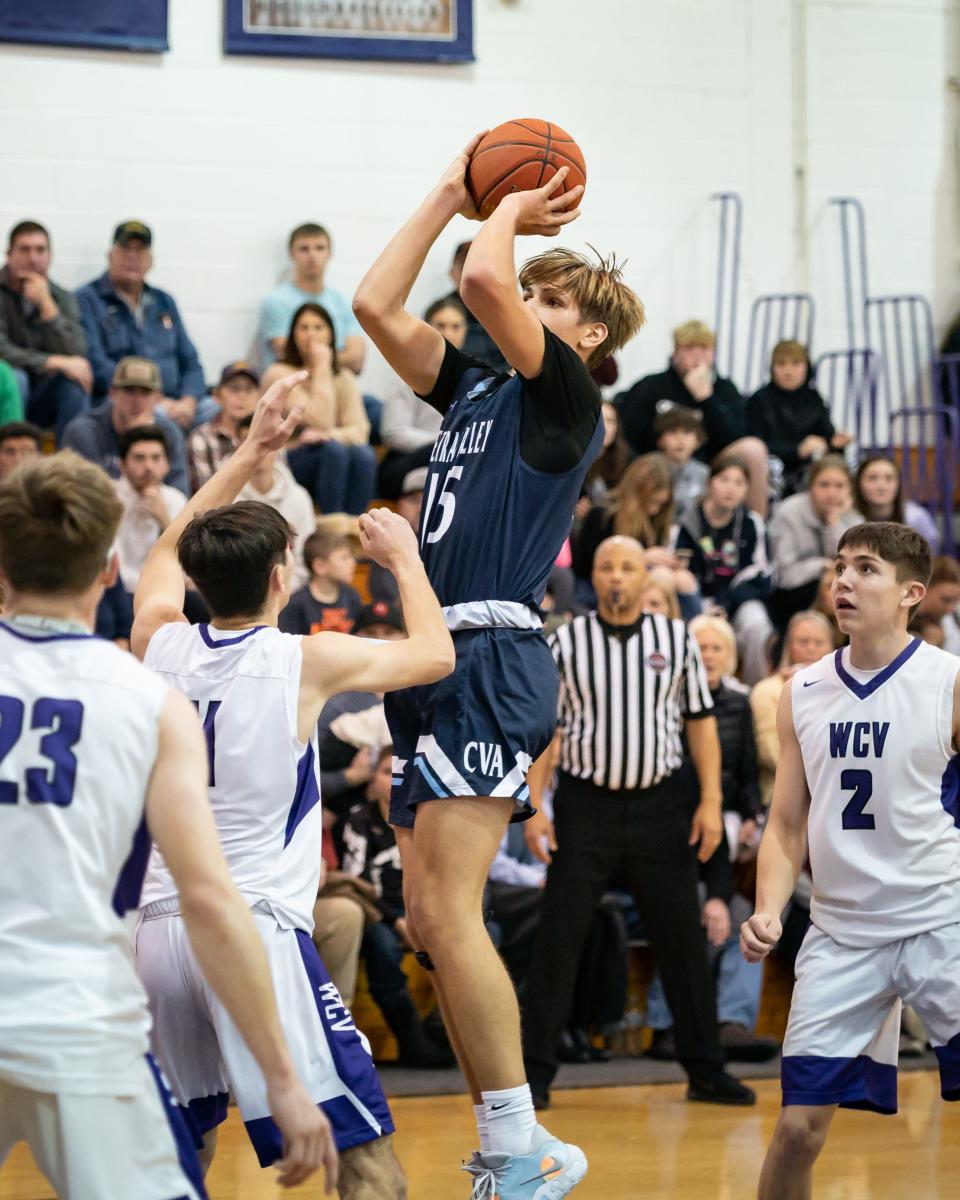 Central Valley Academy's Deacon Judd shoots the ball at West Canada Valley High School in Newport on Thursday, December 29, 2022.