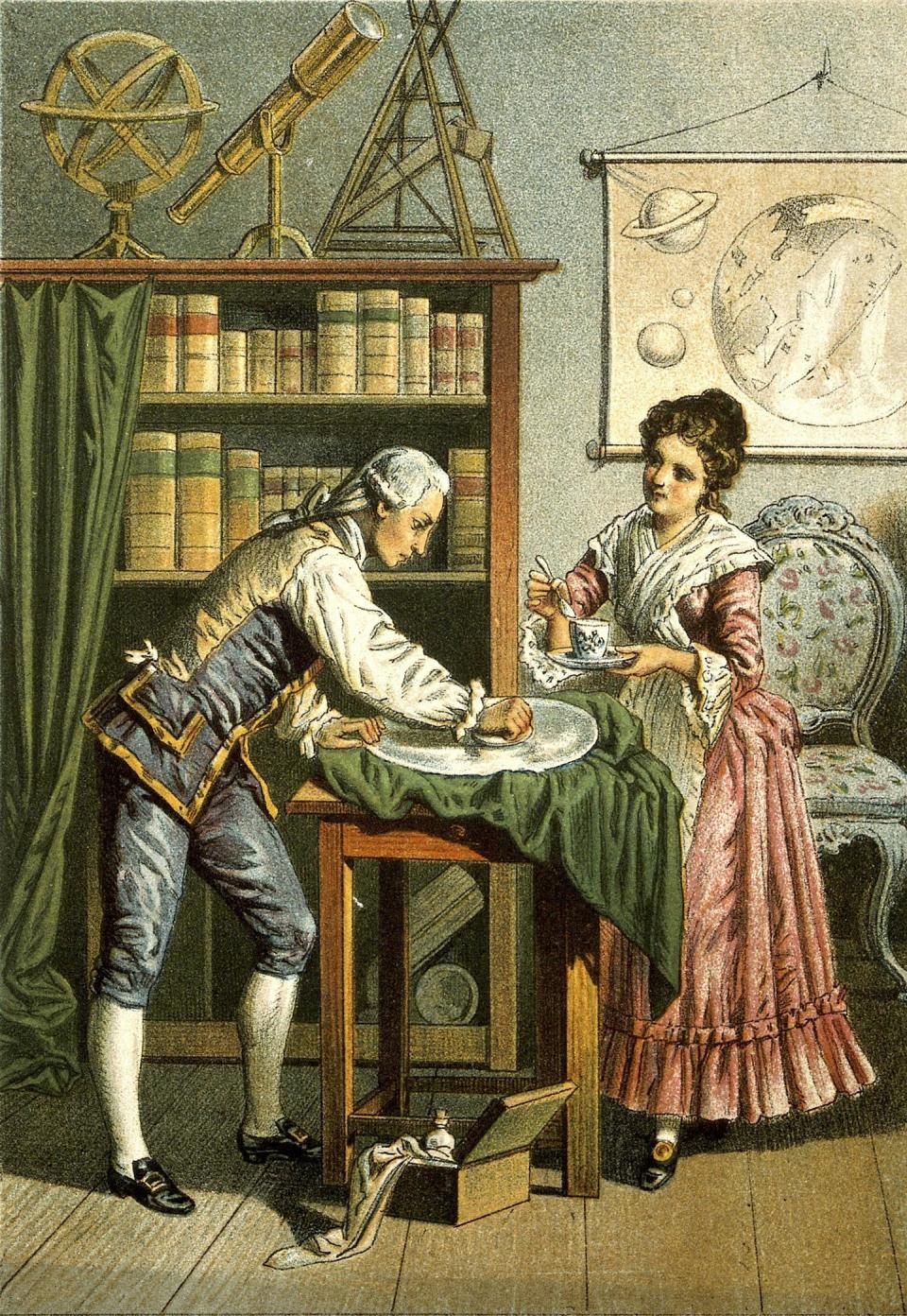 Illustration of two people, a man and a woman, leaning over a table.  The man polishes a lens on the table.  Other astronomical instruments are visible behind them.