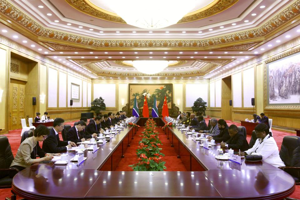 Chinese delegate led by President Hu Jintao, left, and South African counterpart led by President Jacob Zuma hold talks following a welcoming ceremony at the Great Hall of the People in Beijing Wednesday, July 18, 2012. Zuma is in Beijing to attend the opening ceremony of the fifth Ministerial Meeting of the Forum on China-Africa Cooperation (FOCAC) on Thursday. (AP Photo/Diego Azubel, Pool)