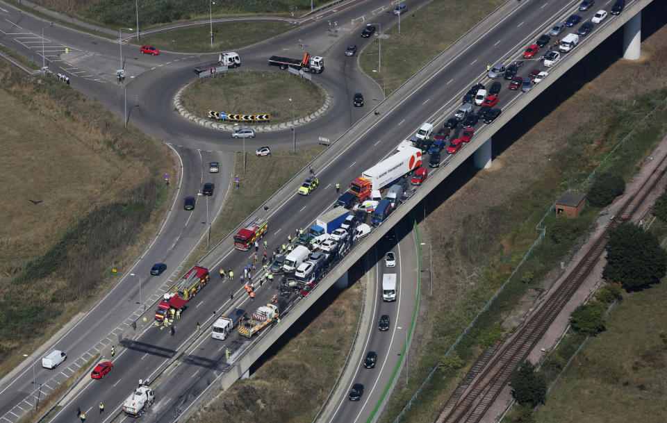 An aerial image shows the carnage over the Sheppey bridge this morning. (PA)