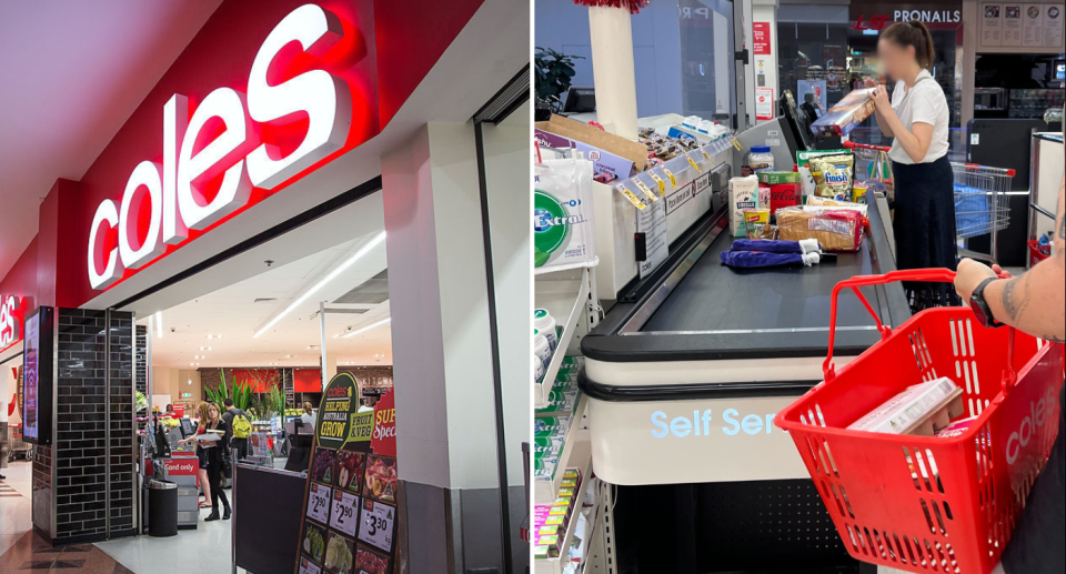 Left image is of a Coles storefront. Right image is of a hybrid self-service checkout with a conveyor belt in a Coles store taken by reporter, Laura Koefoed.