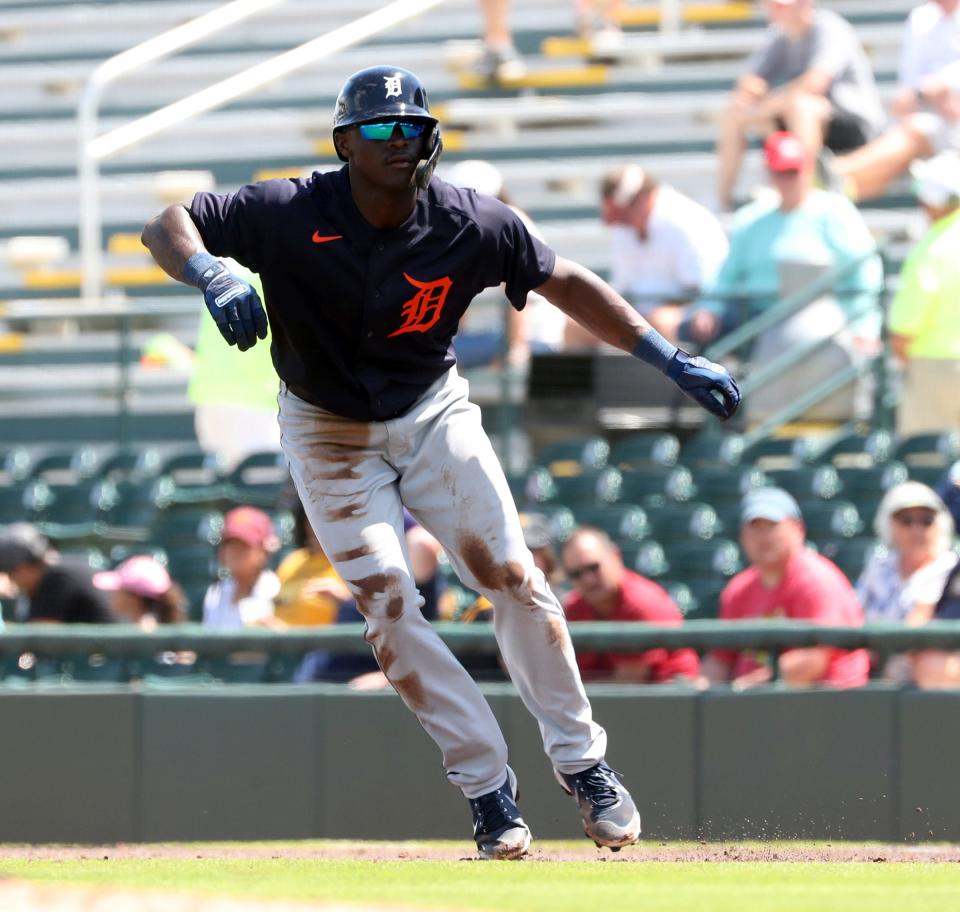 Tigers outfielder Daz Cameron singles against Pittsburgh Pirates starter Mitch Keller during the second inning of Grapefruit League action at LECOM Park on Saturday, March 19, 2022 in Bradenton, Florida.