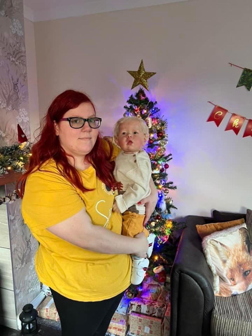 Natasha Harridge, 23, with reborn toddler Sammie, for his first Christmas last year (Collect/PA Real Life)