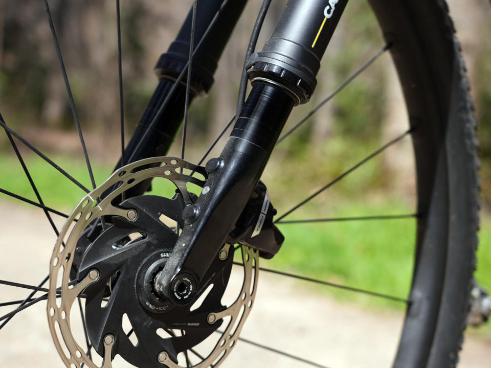 closeup details of cane creek invert upside down gravel suspension fork