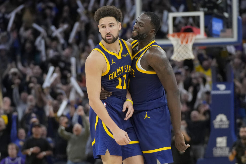 金州勇士Klay Thompson(圖左)、Draymond Green。(AP Photo/Jeff Chiu)