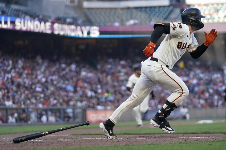 San Francisco Giants' Patrick Bailey watches his three run-double against the Atlanta Braves during the fifth inning of a baseball game in San Francisco, Sunday, Aug. 27, 2023. (AP Photo/Jeff Chiu)