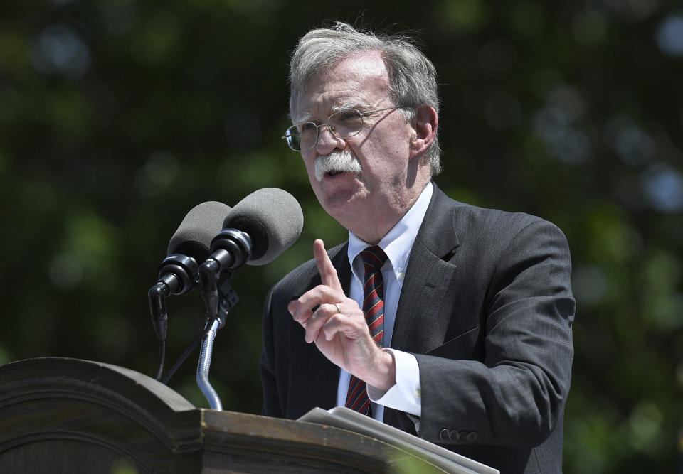 National Security Adviser John Bolton speaks at the commencement for the United States Coast Guard Academy in New London, Conn., Wednesday, May 22, 2019. (AP Photo/Jessica Hill)