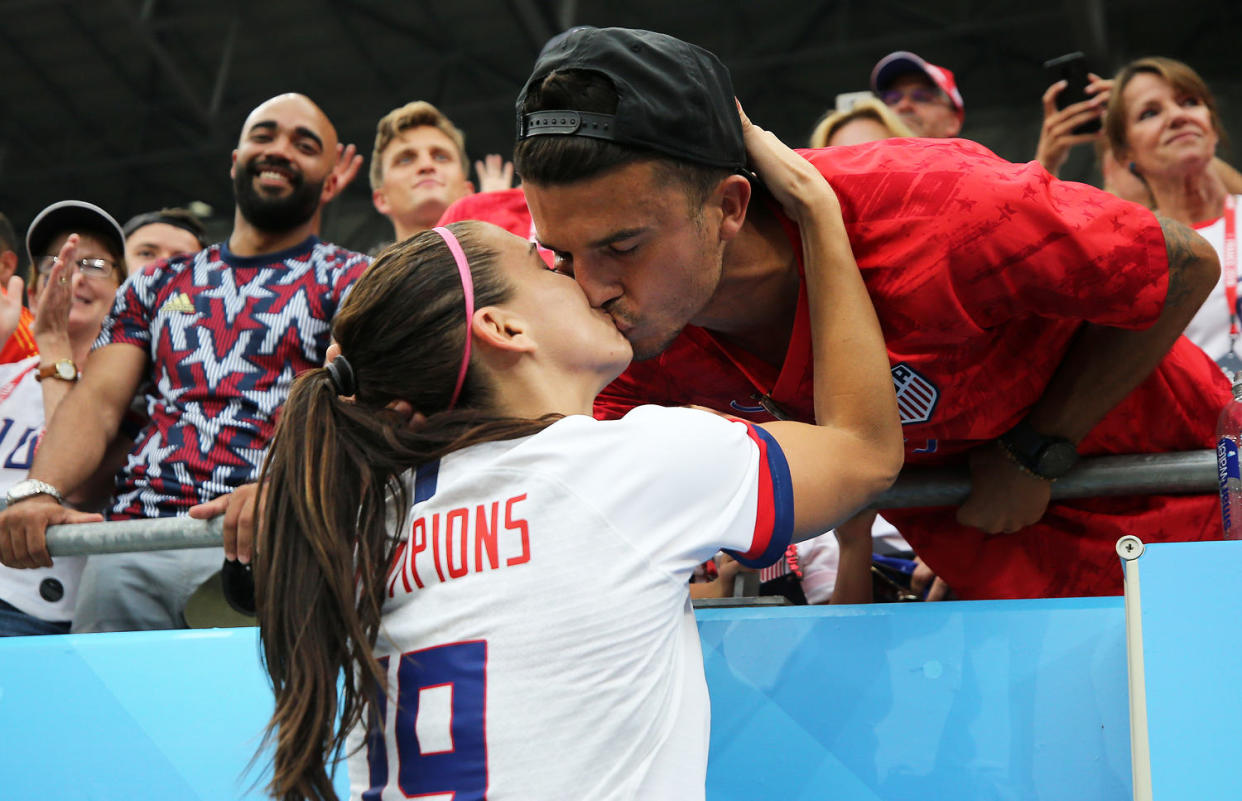 Alex Morgan of the USA celebrates with husband Servando Carrasco. (Maddie Meyer/FIFA / Getty Images)